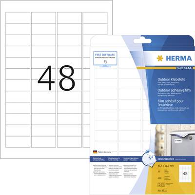 Herma 9531 Fólia címkék 45.7 x 21.2 mm Polietilén fólia Fehér 480 db Véglegesen tapadó Színes lézernyomtatás, Lézernyomt