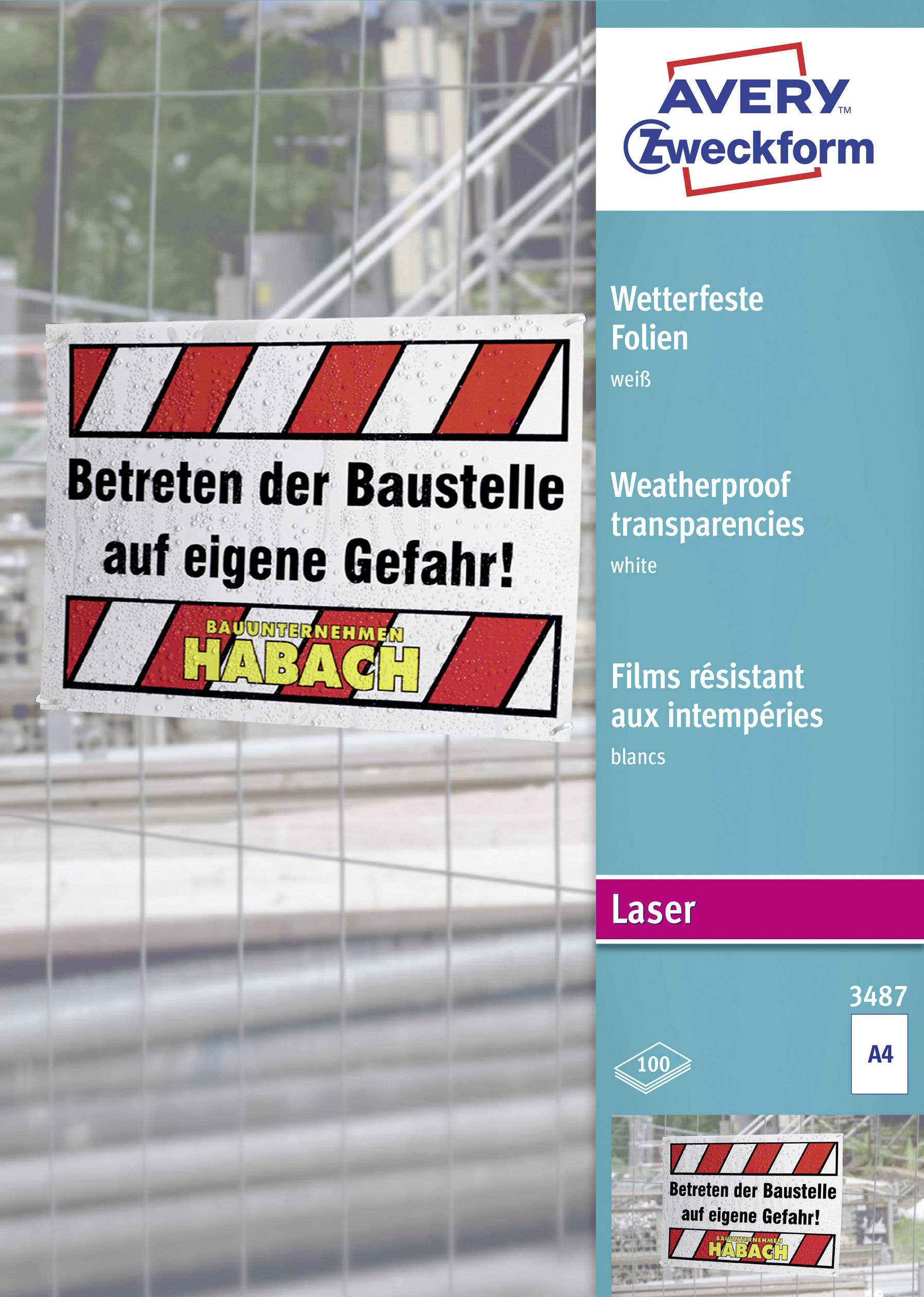 Avery-Zweckform 3487 Transparent imperméable A4 imprimante laser, imprimante laser couleur, photocopieuse, photocopieuse couleur blanc 100 pc(s)