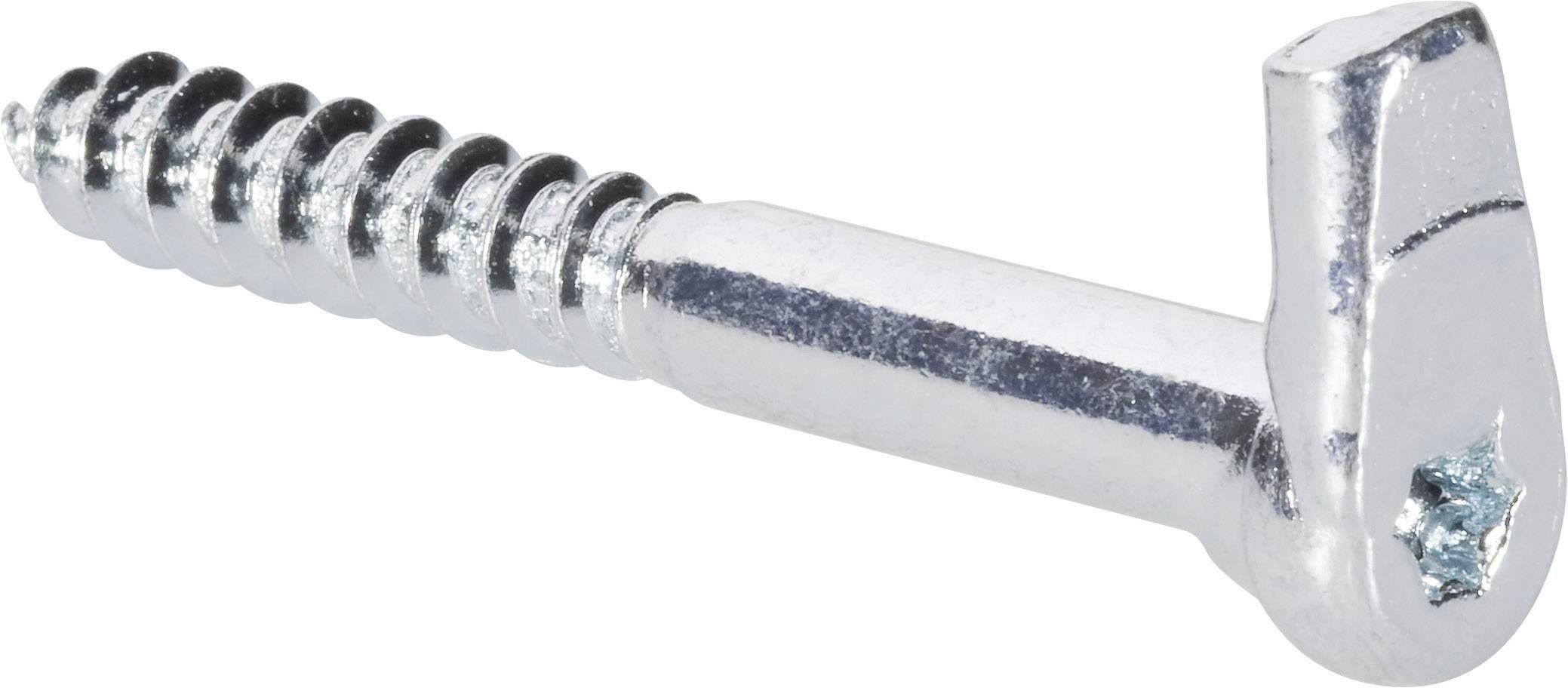 Fényes fémből készült L-fejű fémcsavar, alkalmas fa- vagy fémszerkezetek összekapcsolására.
