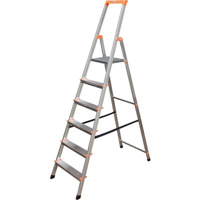 Hétlépcsős fémlétra narancssárga részletekkel, egyenesen áll.