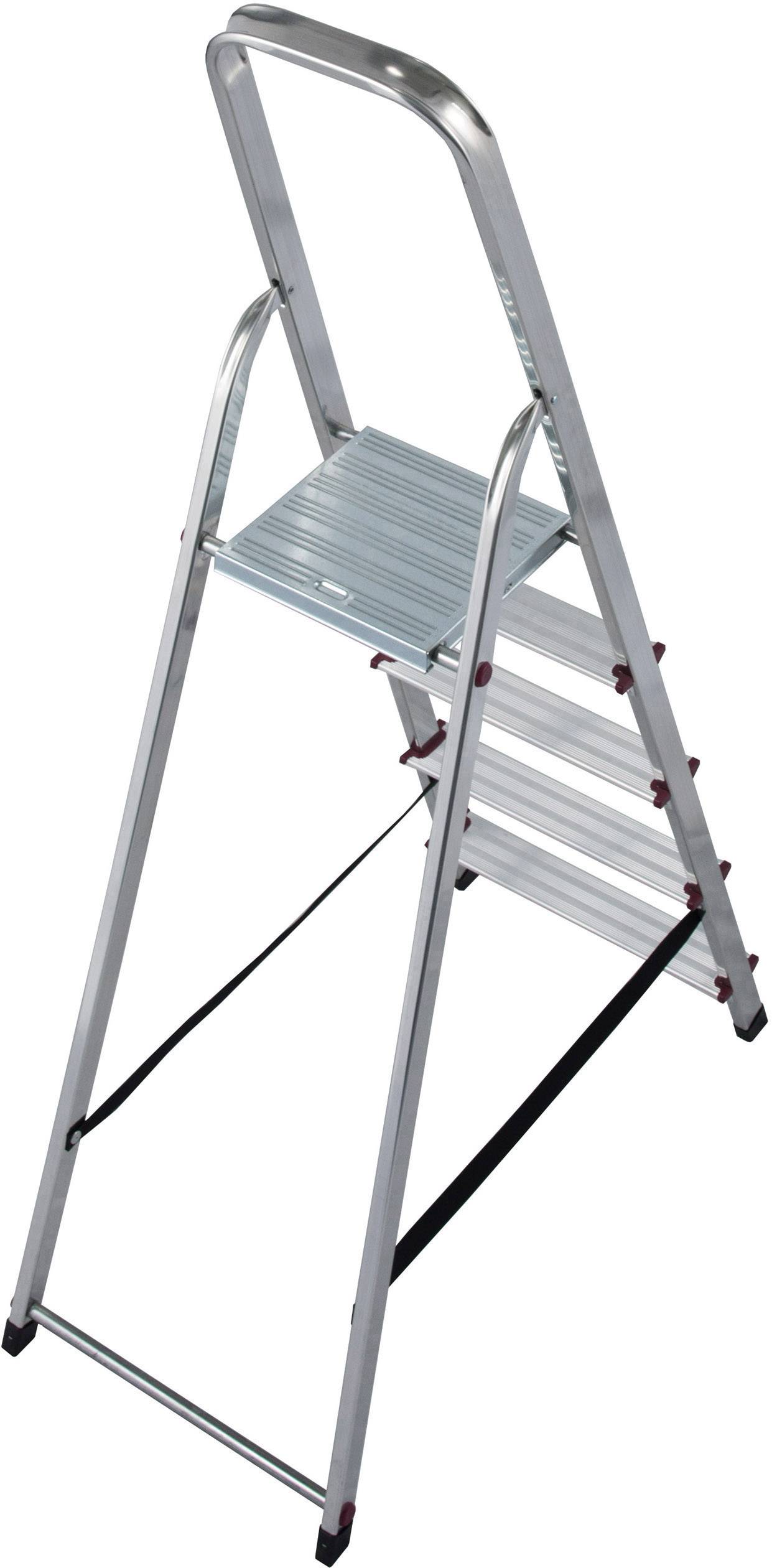 Egy ezüstszínű alumínium létra három széles fokkal és felül egy tartókapaszkodóval.