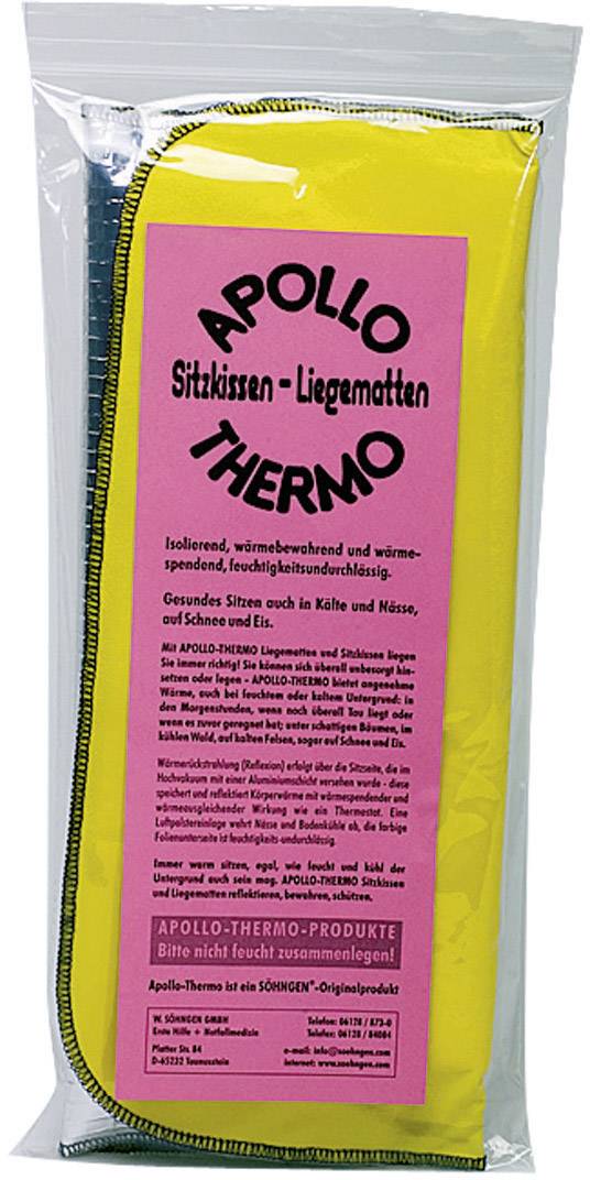 'APOLLO THERMO' ülőpárna, sárga. Rózsaszín címkével ellátott csomagolás, amely a termék tulajdonságait ismerteti: szigetelő, hőtartó, hideg/meleg ellen használható.