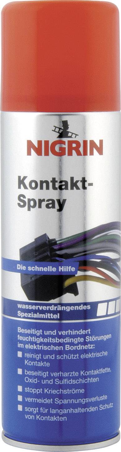 Piros spray flakon 'NIGRIN Kontakt-Spray' felirattal. Elektromos rendszerek nedvesség okozta zavarainak kezelésére és megelőzésére.