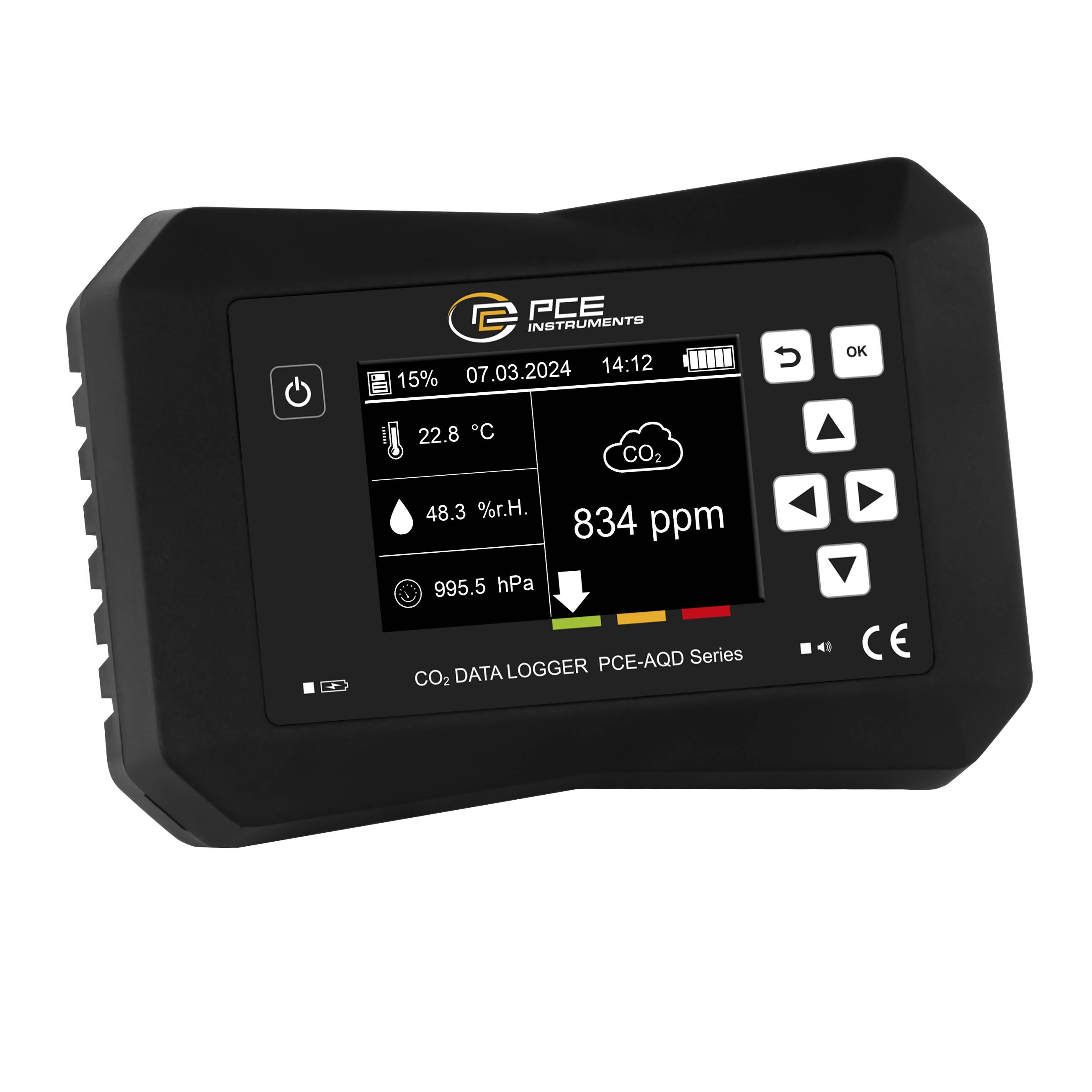 PCE Instruments Széndioxid mérő 0 - 40000 ppm Hőmérsékletmérő funkcióval, Adatgyűjtő funkcióval, Oxigénmérő készülék, Falra szerelhető Kalibráció Gyári