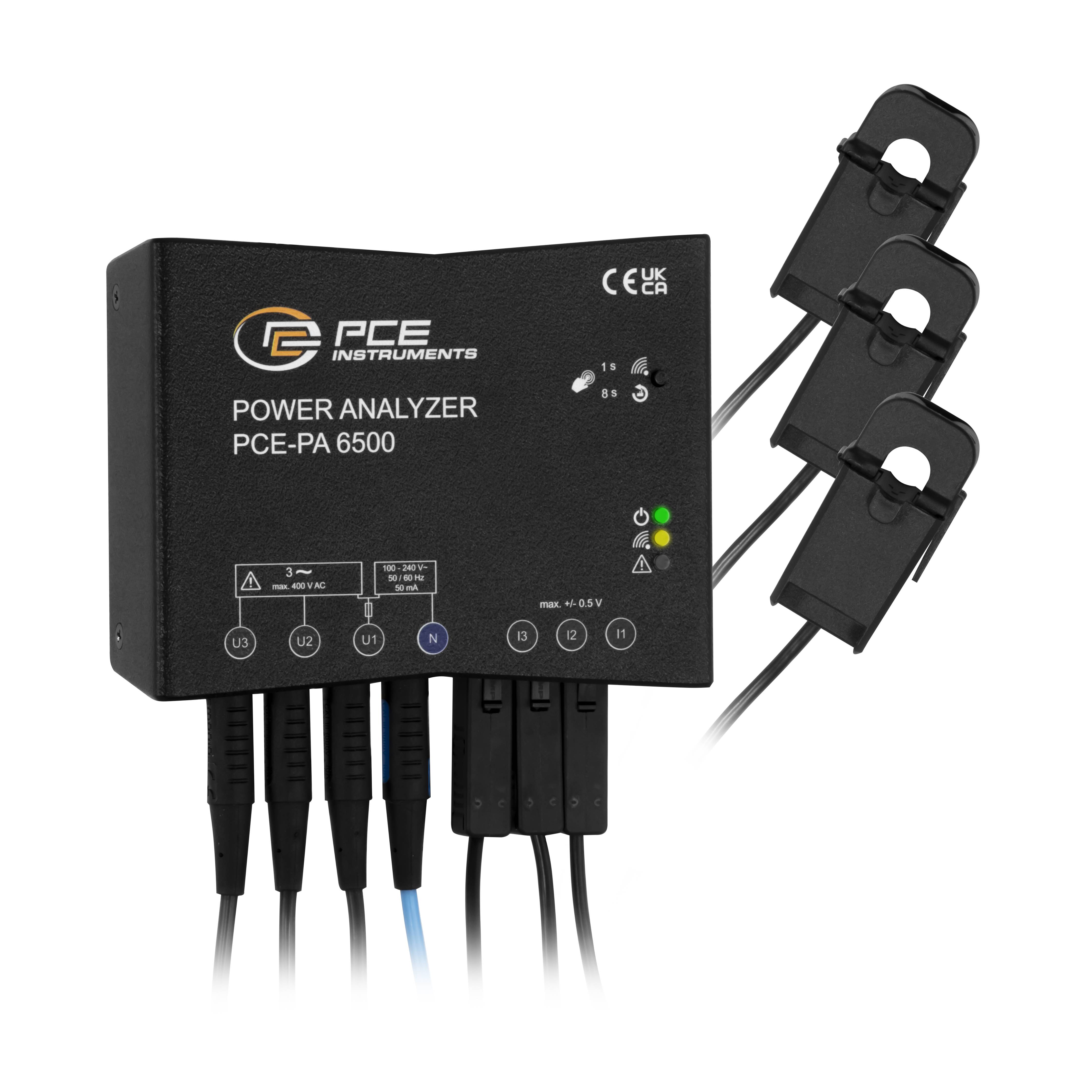 PCE Instruments Power Analyzer hálózat analizáló készülék 3 fázisú, 1 fázisú adatgyűjtő funkcióval, lakatfogóval, Online mérések, Energiamérések