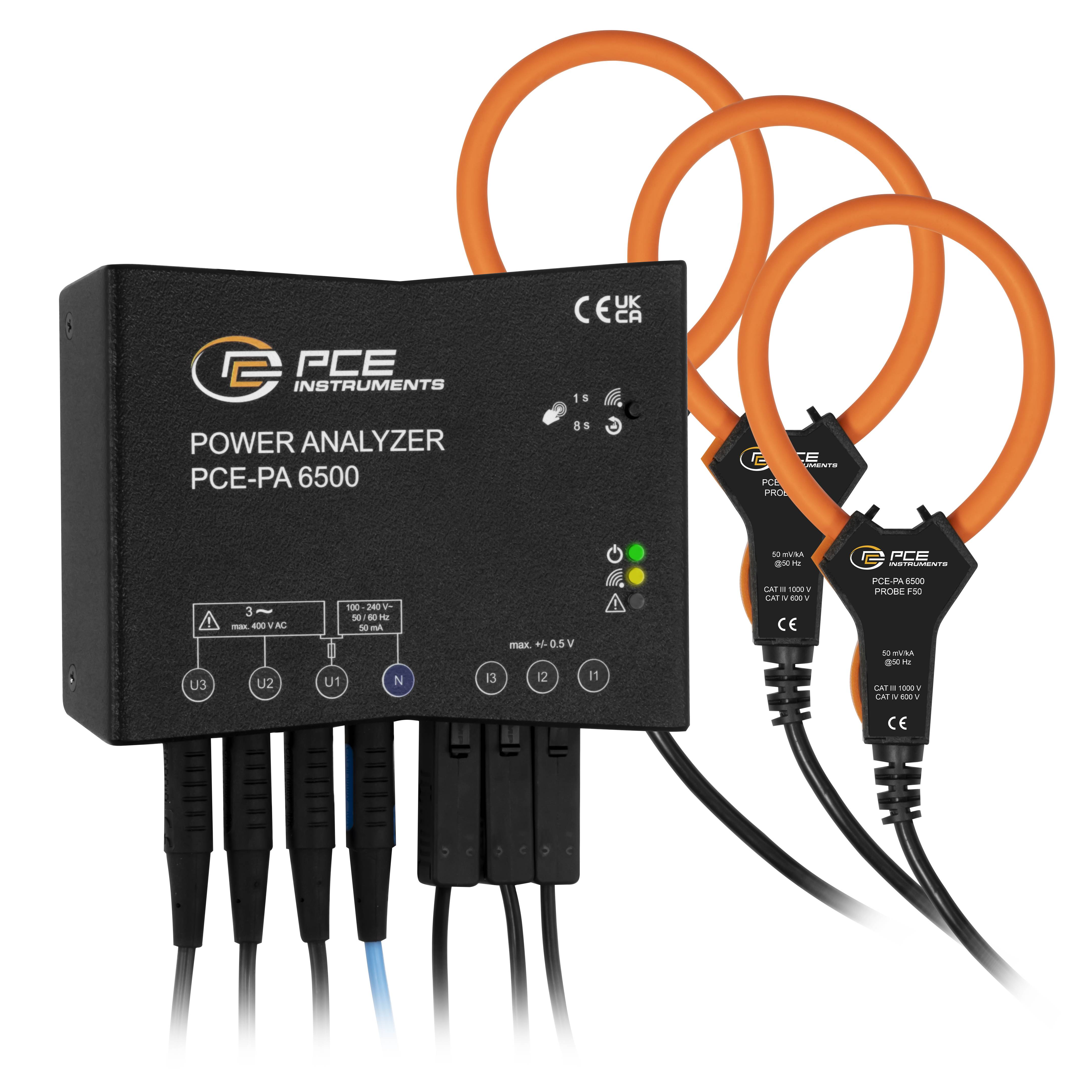PCE Instruments Power Analyzer hálózat analizáló készülék 3 fázisú, 1 fázisú adatgyűjtő funkcióval, lakatfogóval, Online mérések, Energiamérések