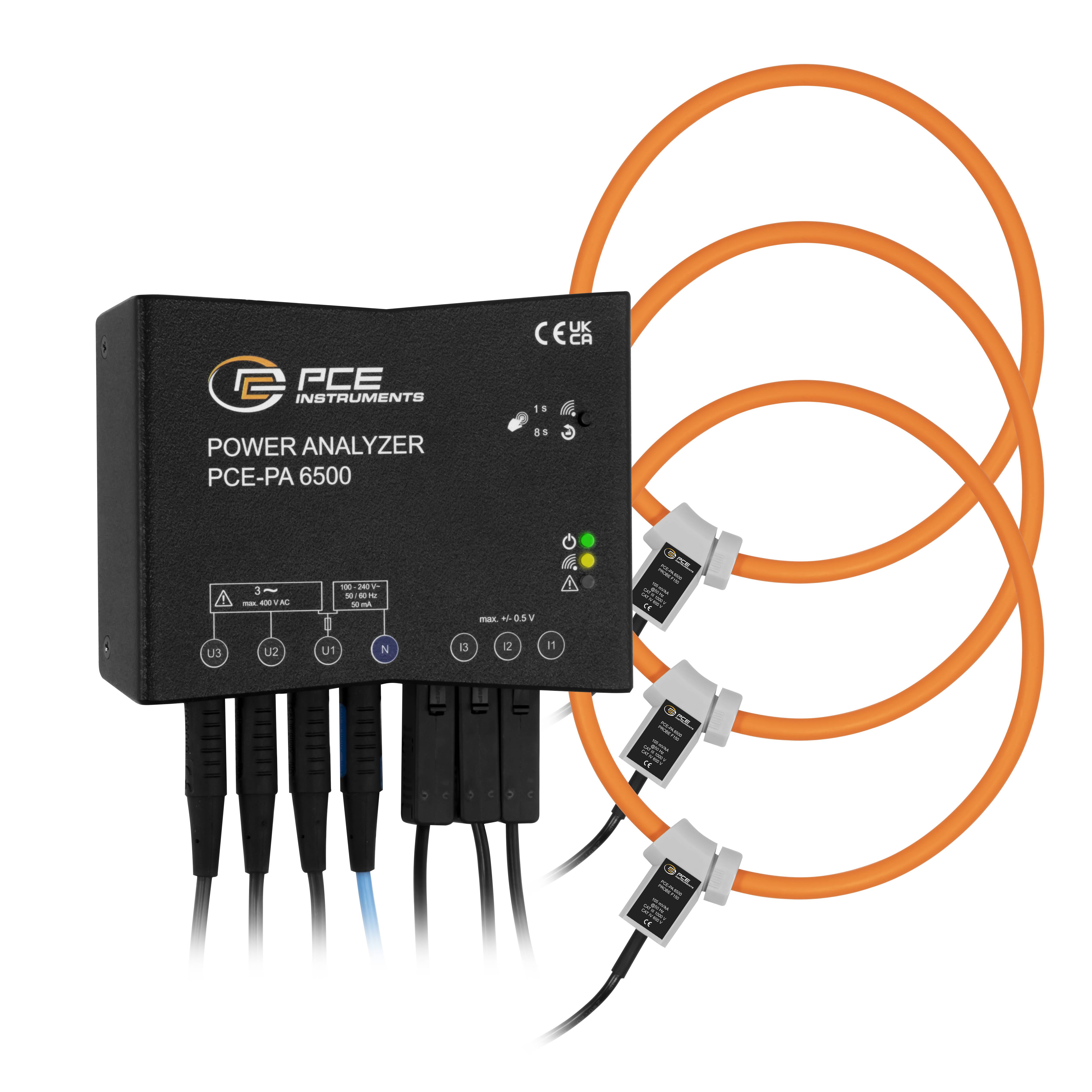 PCE Instruments Power Analyzer hálózat analizáló készülék 3 fázisú, 1 fázisú adatgyűjtő funkcióval, lakatfogóval, Online mérések, Energiamérések