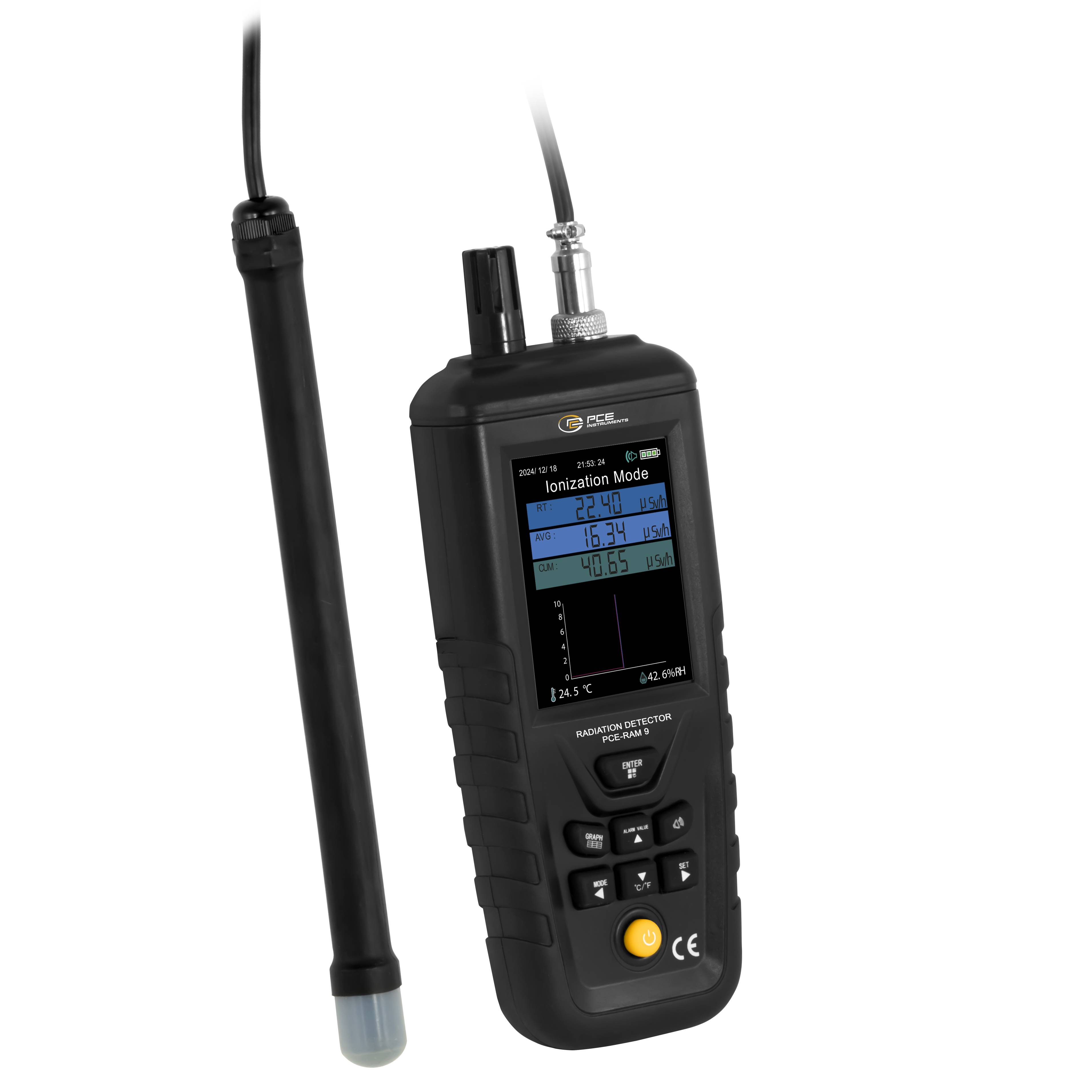 PCE Instruments Geiger-Müller számlálócső Sugárzás: Gamma, Béta, Röntgen akusztikus riasztás, optikai jelzés, doziméter -0