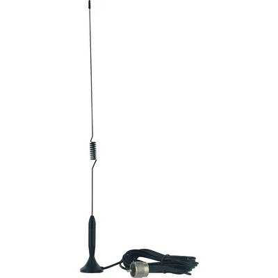 Fekete antenna kábellel és csatlakozóval, kommunikációs technológiához alkalmas, fehér háttér előtt.