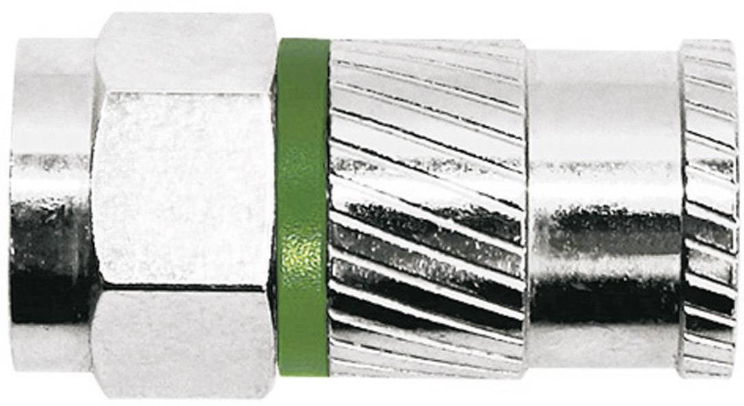 Zöld szalaggal ellátott fémes gyorscsatlakozó, alkalmas nyomólevegős rendszerekhez.