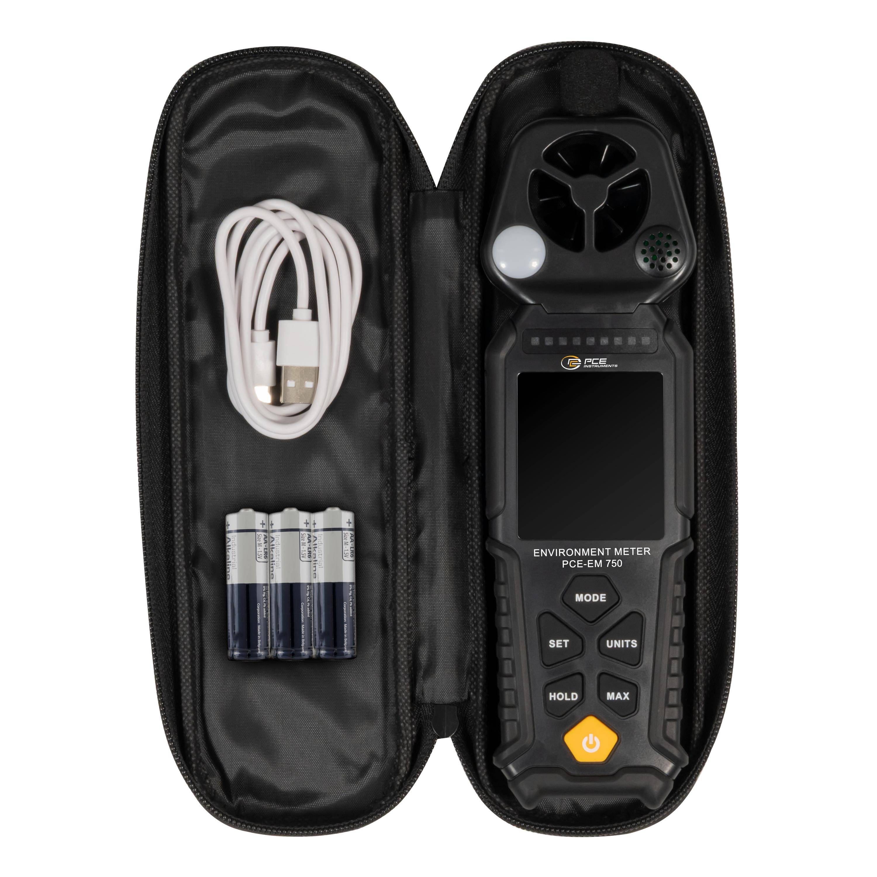 PCE Instruments PCE-EM 750 Anemométer -20 - 60 °C USB csatlakozóval, Hőmérsékletmérő funkcióval Kalibráció Gyári standar-6