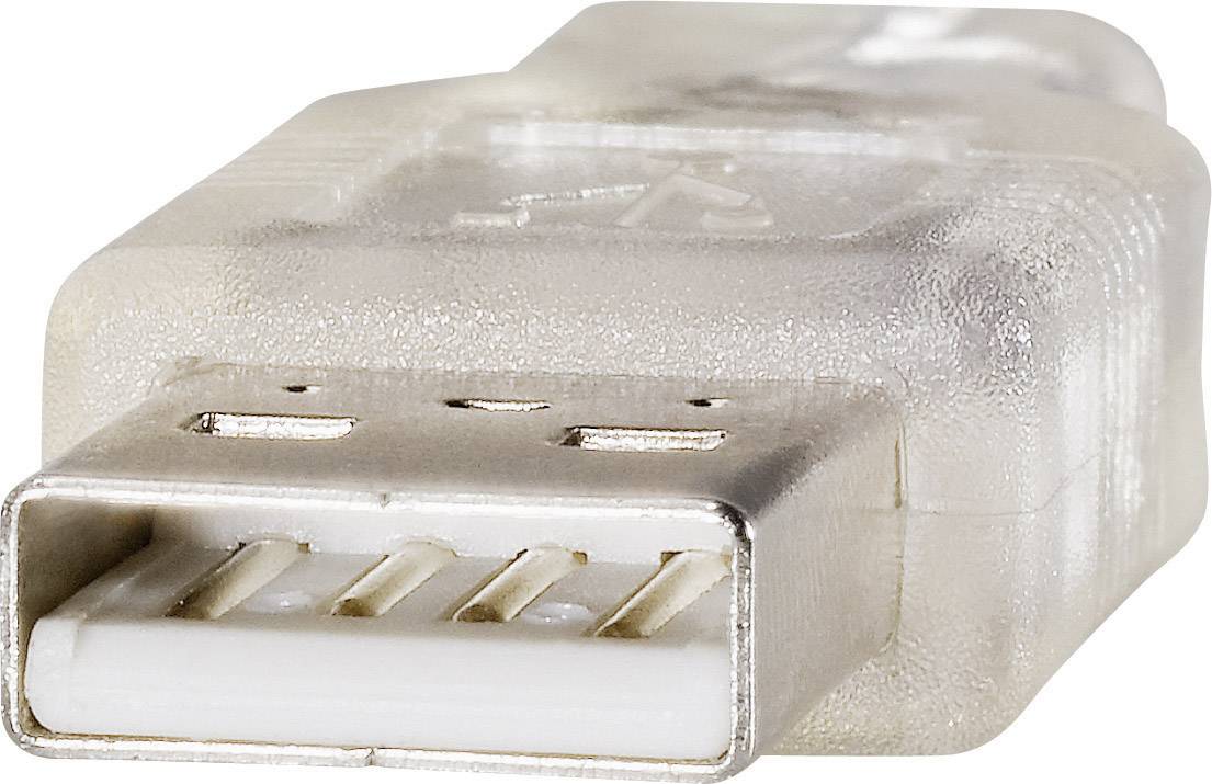 Egy átlátszó USB-csatlakozó közeli felvétele, amelyen jól láthatók a csatlakozóérintkezők, elektronikus eszközök összekapcsolására szolgál.