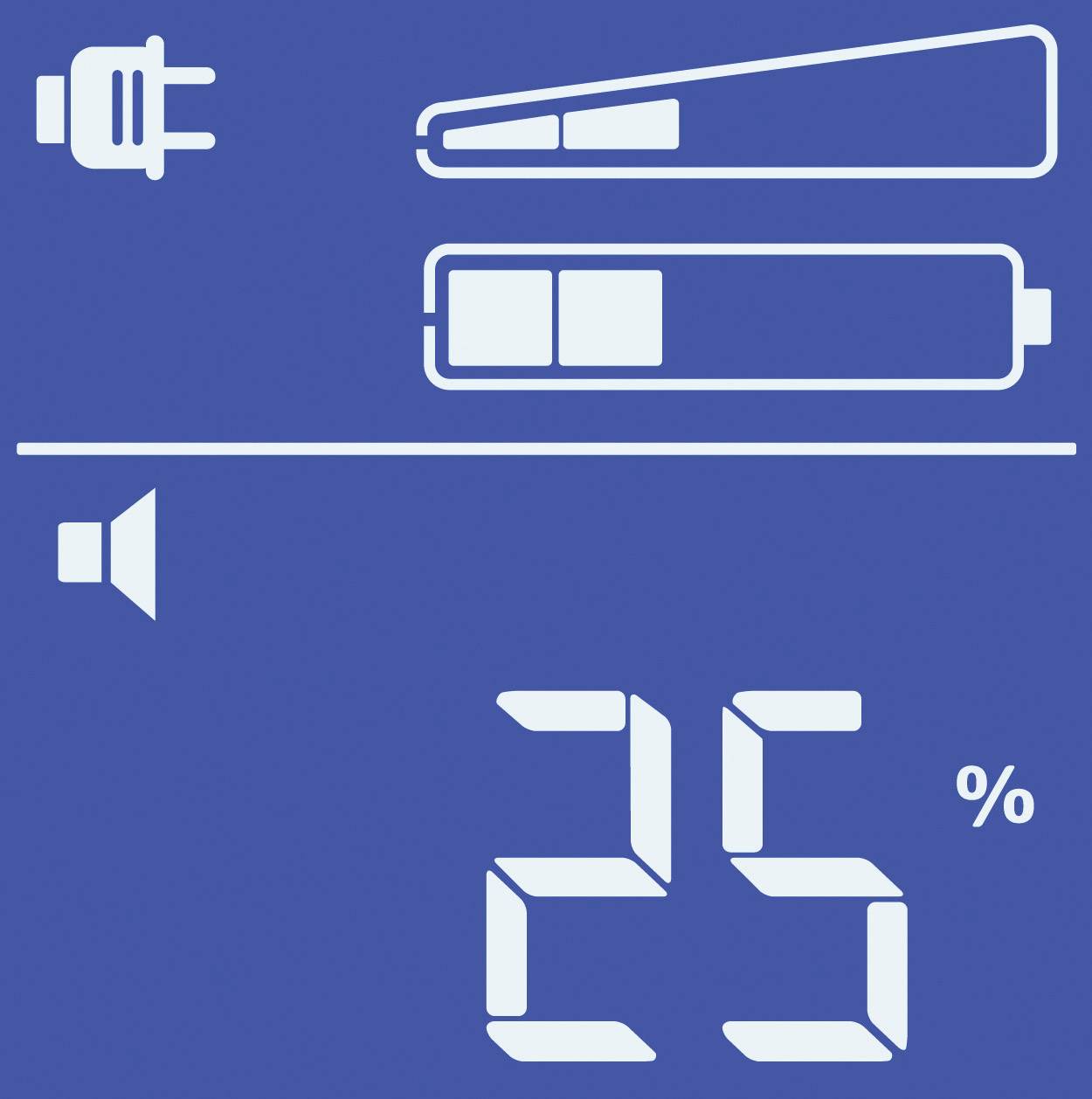 Kék kijelző üres akkumulátor állapotot mutat 25%-kal, egy töltő szimbólumot és egy hangszóró ikont.