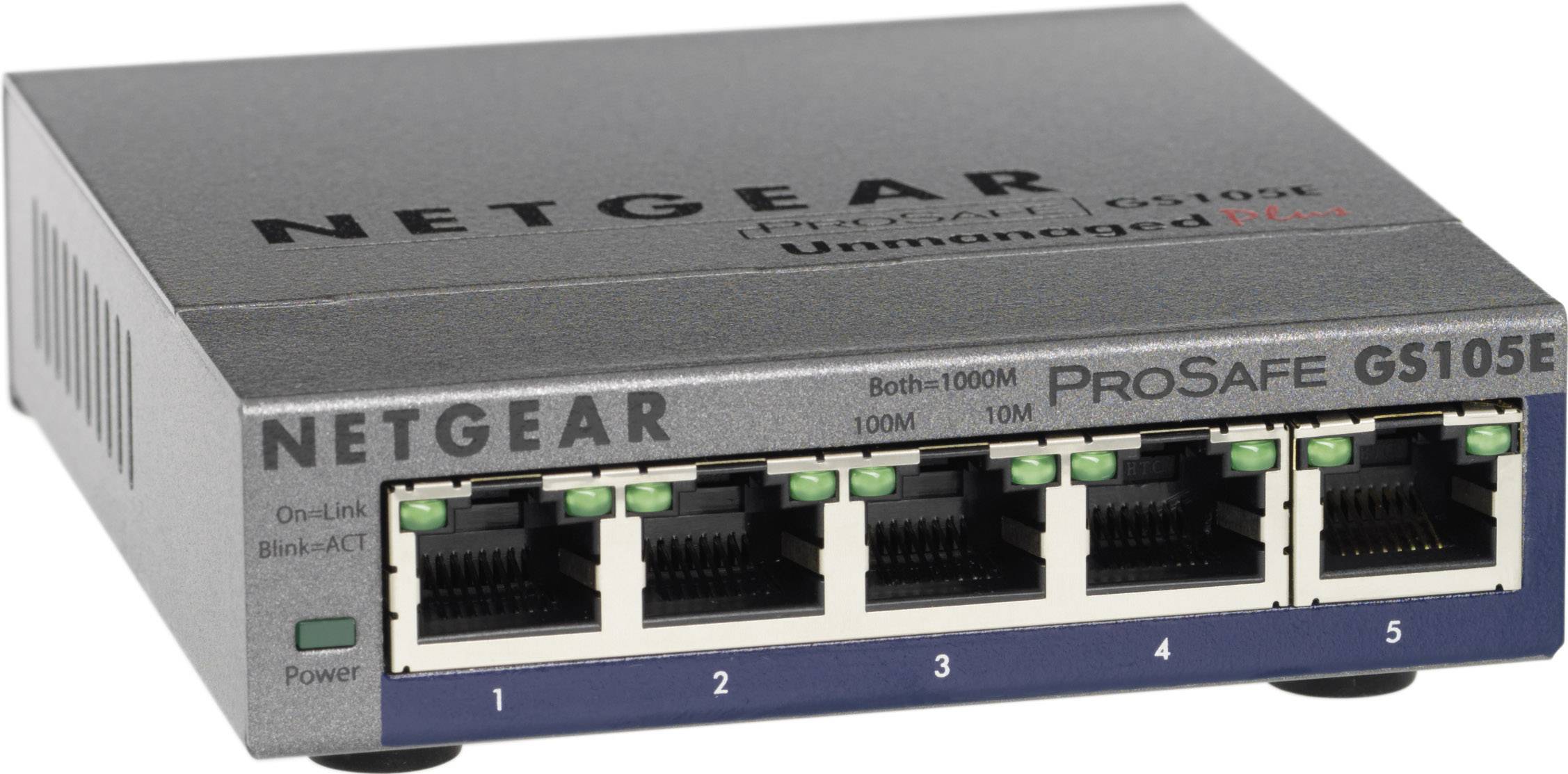 Netgear ProSafe GS105E hálózati switch 5 Ethernet-porttal, csatlakozási állapotot jelző LED-kijelzőkkel, kompakt kialakítással.