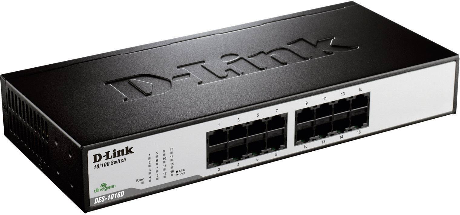 Egy fekete D-Link 16 portos Ethernet switch, amelynek elülső oldalán két sor csatlakozó helyezkedik el. Modellszám: DES-1016D.