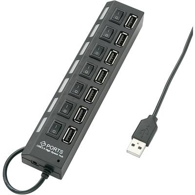 7 portos USB 2.0 hub, külön kapcsolható, státusz LED, fekete, Renkforce RF-4847589