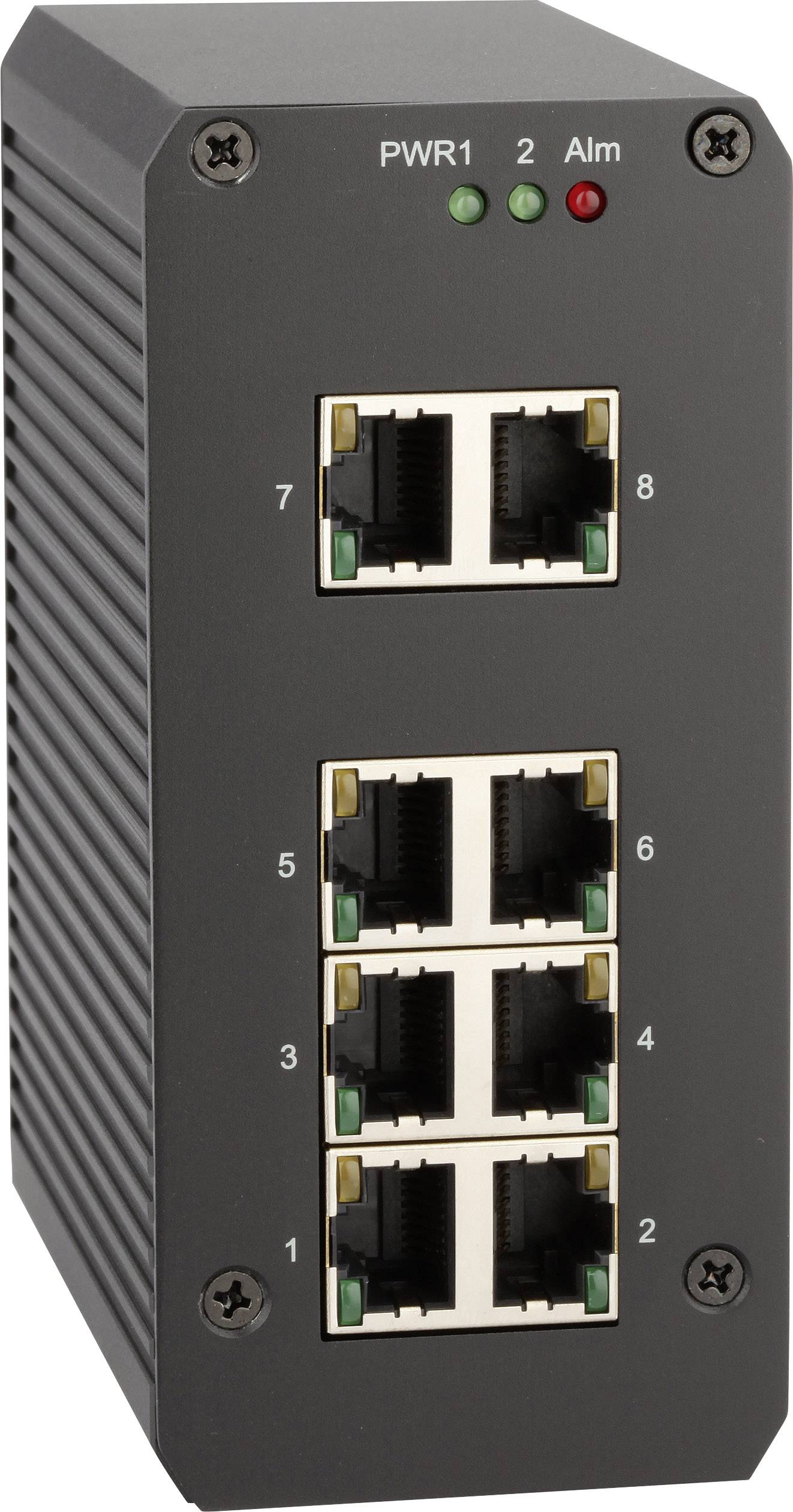 Fekete Ethernet-switch nyolc RJ45 csatlakozóval és három LED állapotjelzővel az elülső oldalon: PWR1, 2 és Alm.