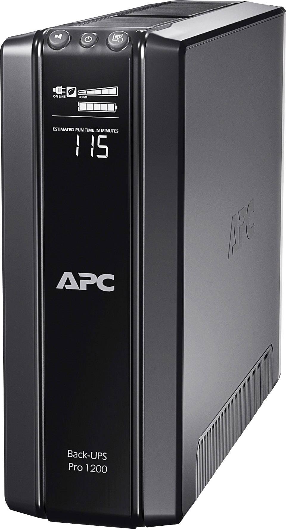 Egy fekete APC által gyártott szünetmentes tápegység (UPS), Back-UPS Pro 1200 modell, digitális kijelzővel, amely valós idejű futamidő-kijelzést biztosít.