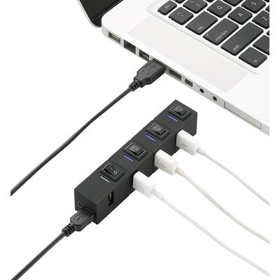 USB 2.0 hub, külön kapcsolható, státusz LED, fekete, Renkforce
