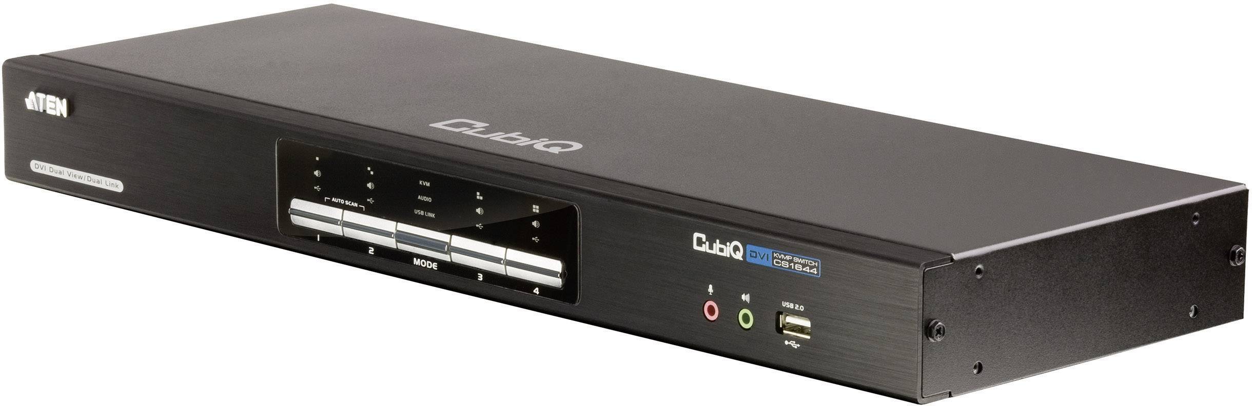 Egy fekete KVM-switch több gombbal és kijelzővel az elején, amely alkalmas szervergépek kapcsolatainak kezeléséhez.