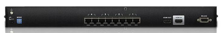 Egy fekete hálózati eszköz nyolc LAN-porttal középen, egy USB-porttal baloldalon és egy HDMI-csatlakozóval jobboldalt.
