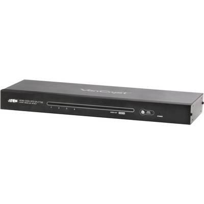 Fekete HDMI-elosztó több bemenettel és kezelőgombokkal az elején. Márkalogó a tetején. Videóelosztó eszköz.