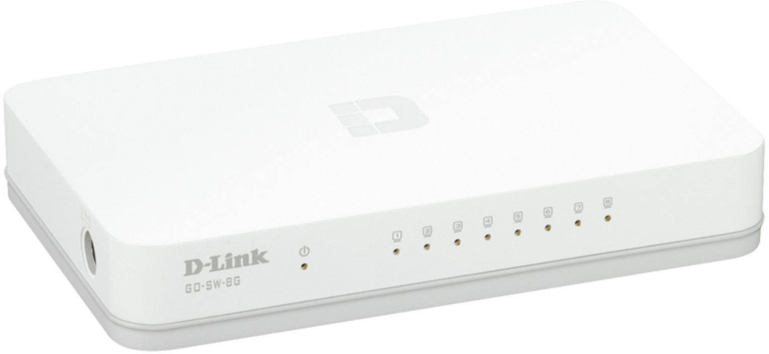 Egy fehér D-Link hálózati switch öt Ethernet-porttal és előlapján LED-jelzőkkel a kapcsolat jelzésére.