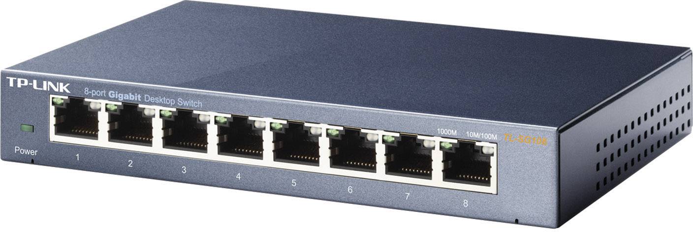 Egy 8 portos TP-Link Gigabit asztali switch, TL-SG1008D modell, több eszköz hálózati csatlakoztatásához gyors adatátvitel céljából.