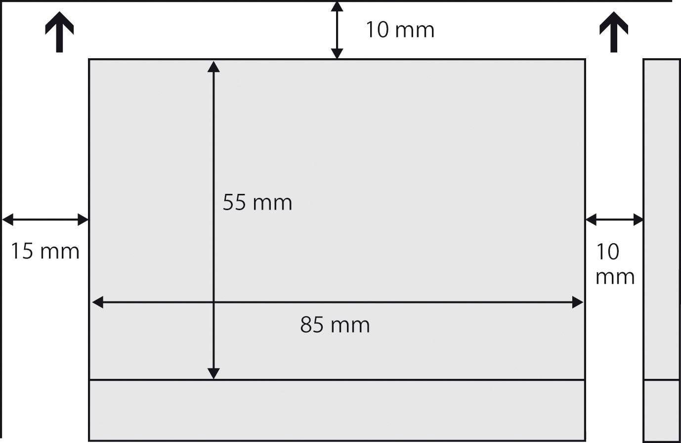 Téglalap alakú terv méretekkel: szélesség 85 mm, magasság 55 mm; margótávolságok: felül 10 mm, oldalt 15 mm.