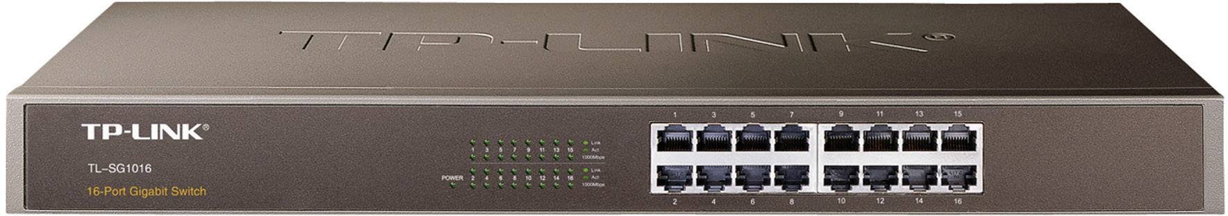 TP-Link TL-SG1016 hálózati switch 16 Ethernet-porttal, irodai vagy otthoni hálózatokhoz alkalmas.