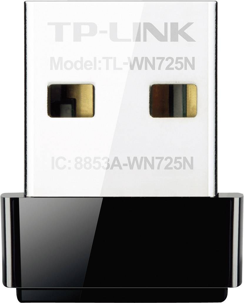 Egy TP-LINK USB WLAN-adapter, TL-WN725N típusszámú, kompakt és fényes fekete dizájnnal.