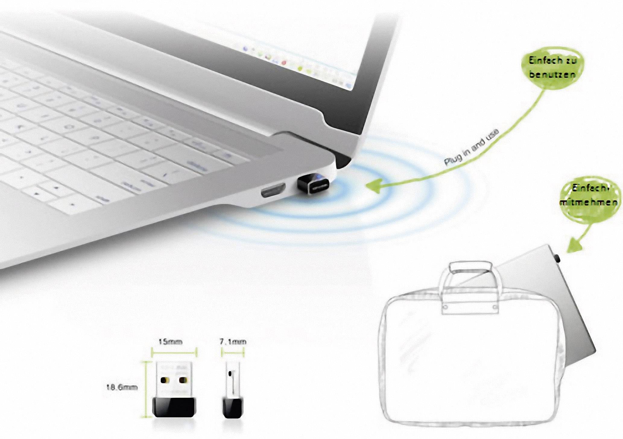 Laptop USB-pendrive-val. A pendrive-on lévő szöveg: 'Egyszerűen használható'. A grafika az egyszerű csatlakoztatást és problémamentes hordozhatóságot mutatja.