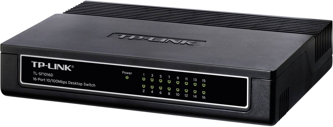 Fekete TP-Link TL-SF1016D 16 portos 10/100 Mbps asztali switch, elől zöld és piros állapotjelző LED-ekkel.