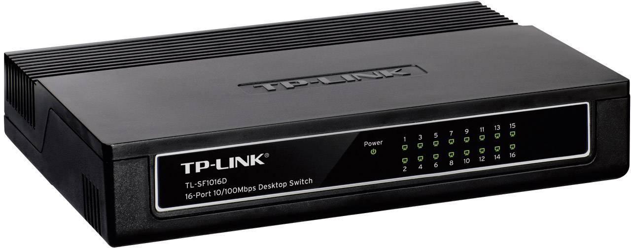 Egy fekete TP-Link 16 portos asztali switch állapotjelzőkkel a hálózati működéshez az elején; TL-SF1016D modell.