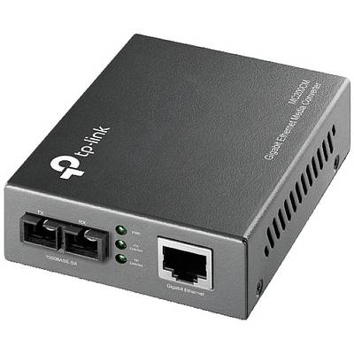 Egy TP-Link médikonverter Gigabit Ethernet csatlakozóval és optikai portokkal, alkalmas üvegszálas (LWL) jelátalakításra Ethernet hálózatba.