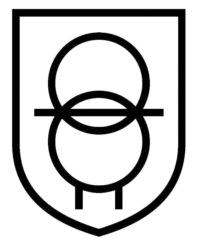 Egy címer, amelyet két egymás fölött elhelyezkedő kör szel át egy vízszintes vonal, alatta pedig két függőleges vonal.