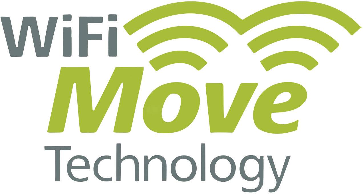 'WiFi Move Technology' logó zöld és szürke betűkkel, stilizált rádióhullámok jelölve a 'Move' szó fölött.