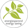 Egy zöld levél szimbólum a 'energiesparend energy saving' felirattal alatta, amely energiahatékony termékeket vagy intézkedéseket szimbolizál.