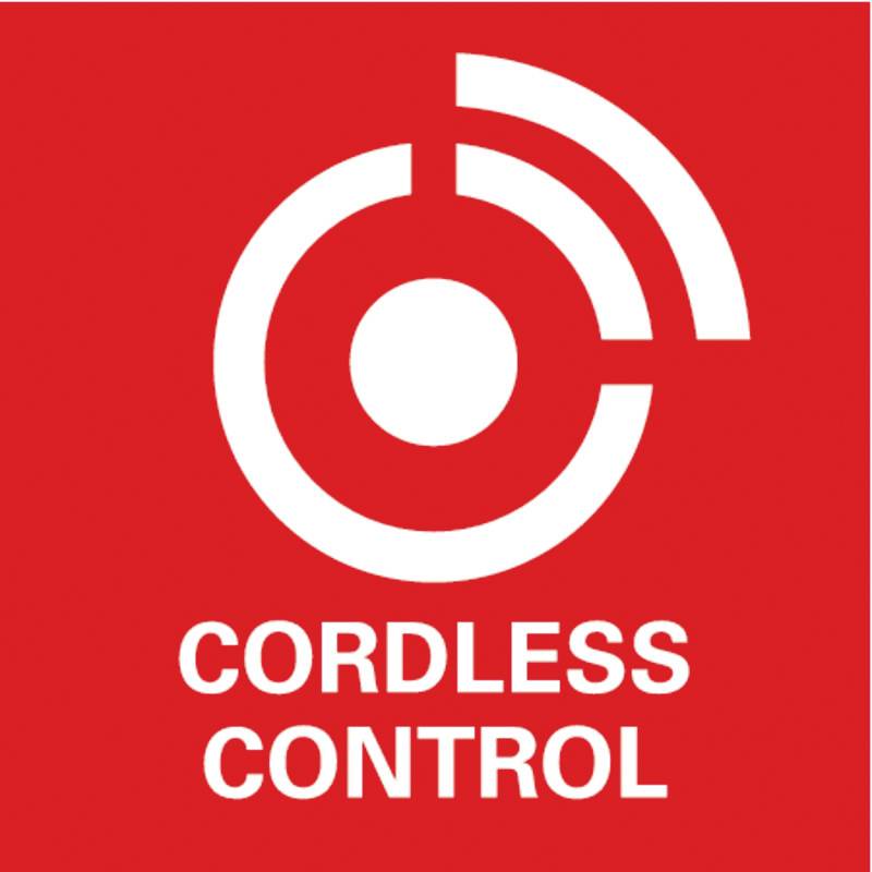 Egy fehér szimbólum kör alakban és rádióhullámokkal piros háttér előtt, alatta a 'Cordless Control' felirat.