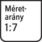 Felirat 'Méretarány 1:7', fekete fehér háttéren, jelzi a méretezési tényezőt.