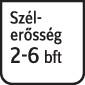 Tábla, amelyen 'Szélsebesség 2-6 bft' felirat szerepel, fekete szöveg fehér háttéren.