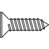 Egy fekete-fehér diagram egy süllyesztett fejű csavarról, amelyen látható a menet, a hegy és a lapos fej, oldalnézetből.