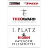 THEO Award Legjobb Márkák 2018 logó, 1. hely a Nigrin részére az Ápolószerek kategóriában, a Tuning Magazin által bemutatva.