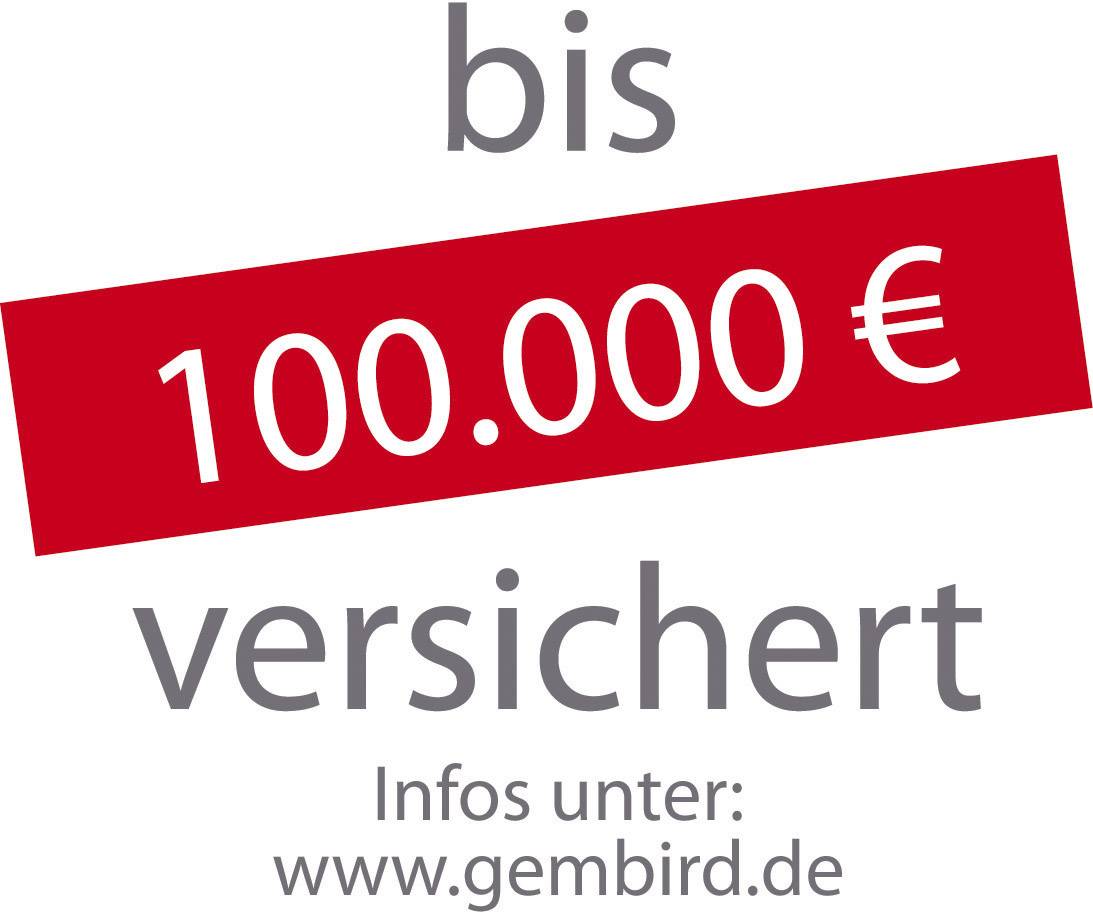"Akár 100.000 EUR biztosítva" piros szalagon; alatta "Infók: www.gembird.de".