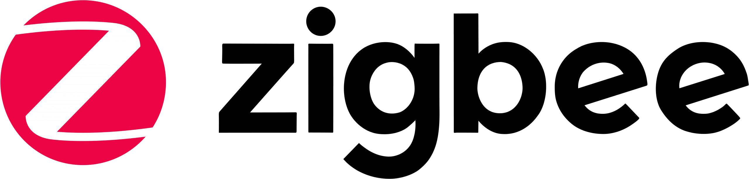 A 'Zigbee-logó' egy stilizált 'Z' betűt mutat egy piros körben, amelynek bal oldalán a 'zigbee' márkanév fekete betűkkel szerepel.
