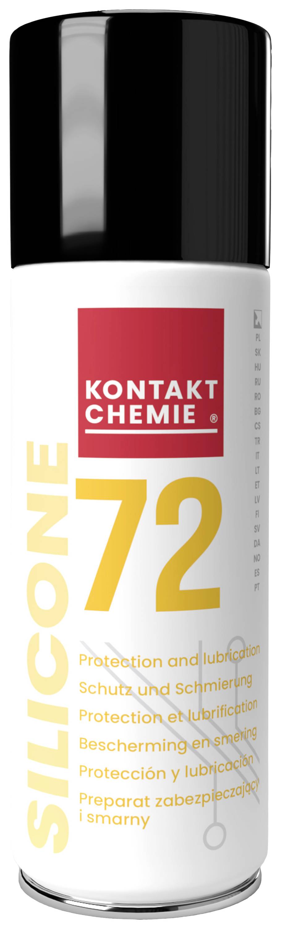 Bomboletta spray con scritta 'KONTAKT CHEMIE SILICONE 72' per applicazioni di protezione e lubrificazione.