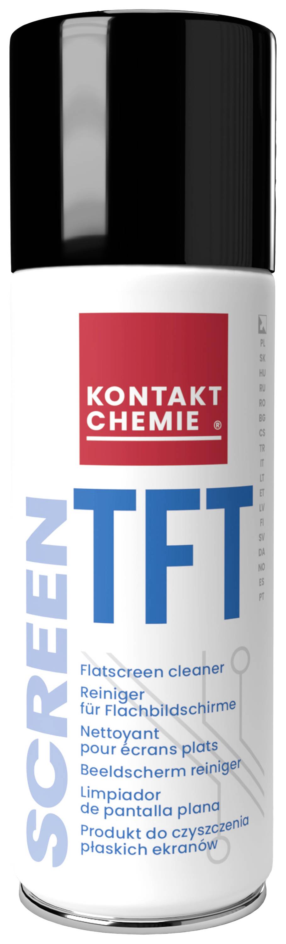 Bomboletta spray per la pulizia di schermi TFT con logo Kontakt Chemie rosso in alto. 'Flatscreen cleaner' e altre lingue sul lato anteriore.