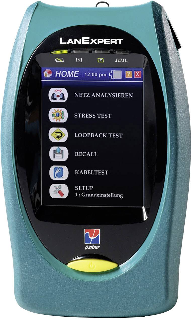 Un dispositivo portatile per la diagnostica di rete, che mostra diverse opzioni di test sul display, tra cui 'Analisi di rete' e 'Test cavo'.