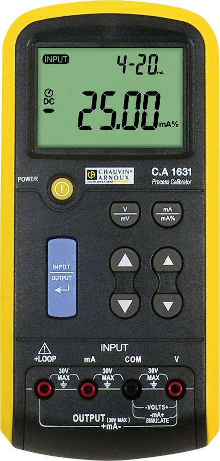 Un dispositivo di calibrazione di processo giallo mostra sul display il valore '25,00 mA'. Sono visibili i tasti e i connettori di ingresso/uscita.