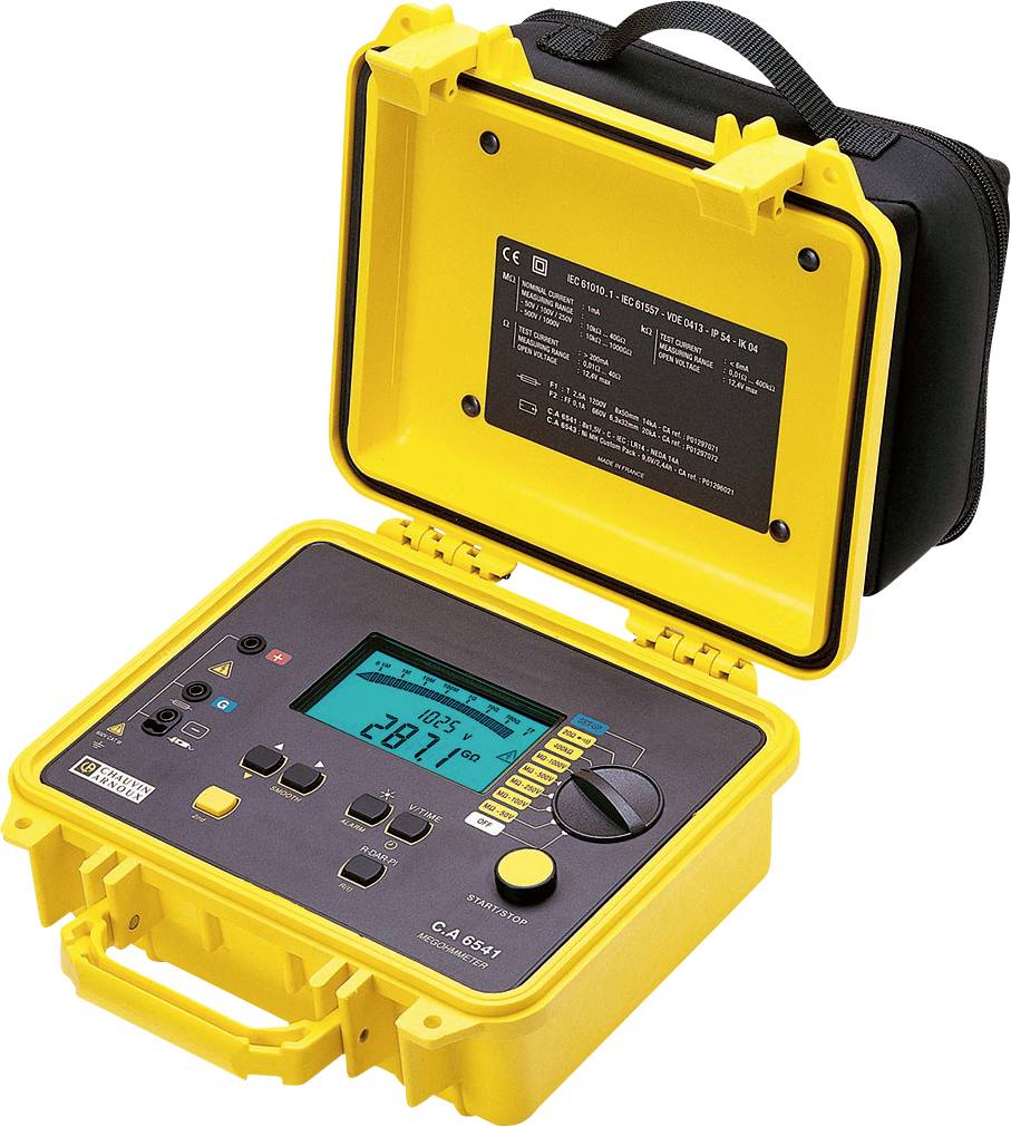 Un dispositivo di misurazione portatile giallo con coperchio aperto, che mostra '2871 Ω' sul display. Ha diversi tasti e una manopola di controllo.